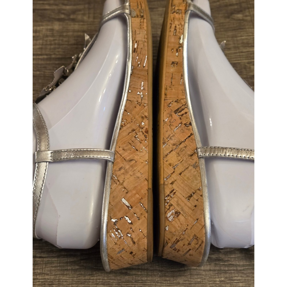 Michael Kors Strappy Sandals Womens Size 7.5 Silver Cork Wedge - Picture 5 of 11